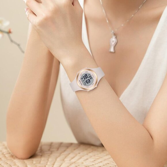 Women\'s Pink Sand Silicone Digital Gold Bezel Water-Resistant Alarm Stop Watch